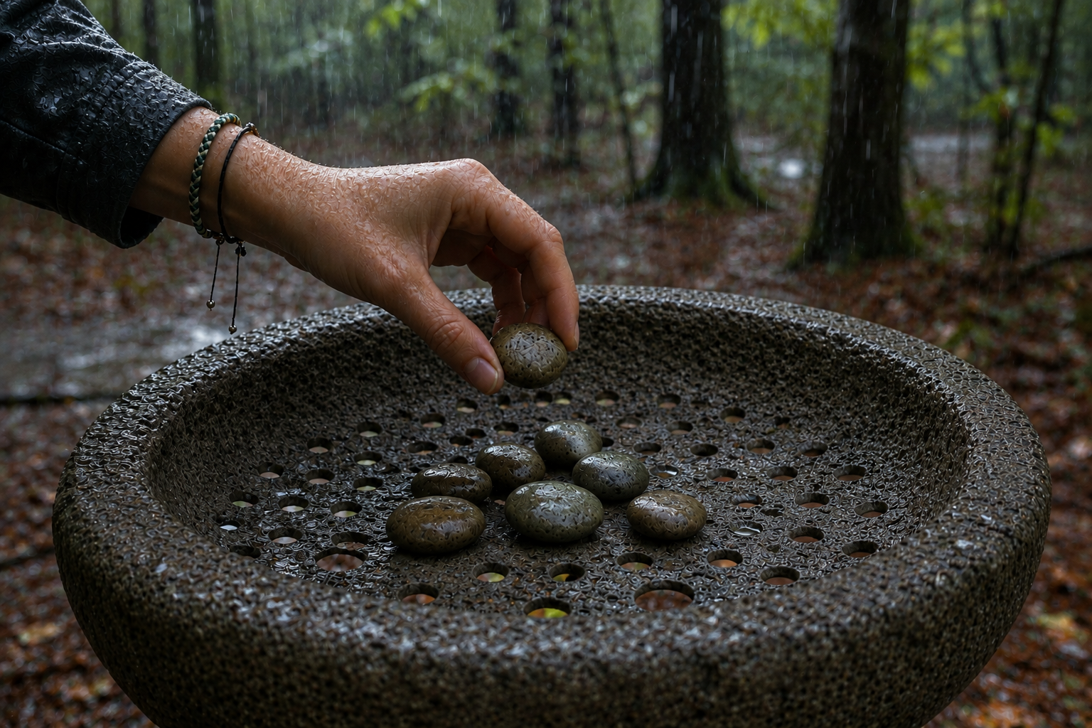 In falling rain, a hand lowers a small polished stone toward a cluster of stones resting on the pierced surface of the bowl.